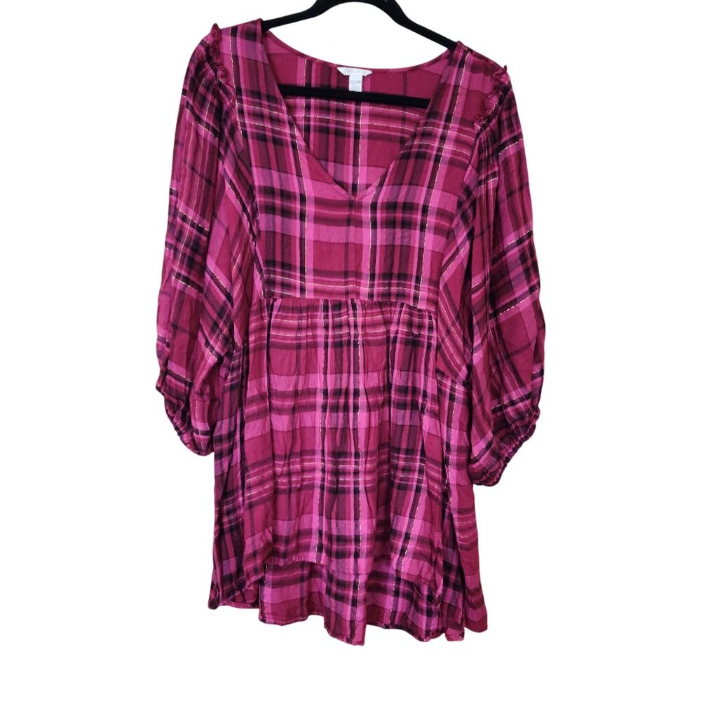 Cato plaid oversized sleeve tunic dress V-neckline pink tartan Womens size 22 /